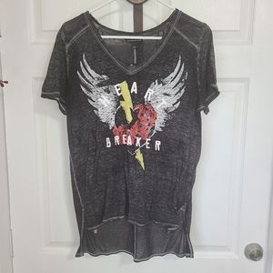 (503) Rock & Republic Woman's Graphic High-Low Hem T-Shirt, Size: L Color: Black